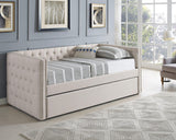 Trina Ivory Chalk Fabric Upholstered Trundle Tufted Twin Daybed - Ella Furniture