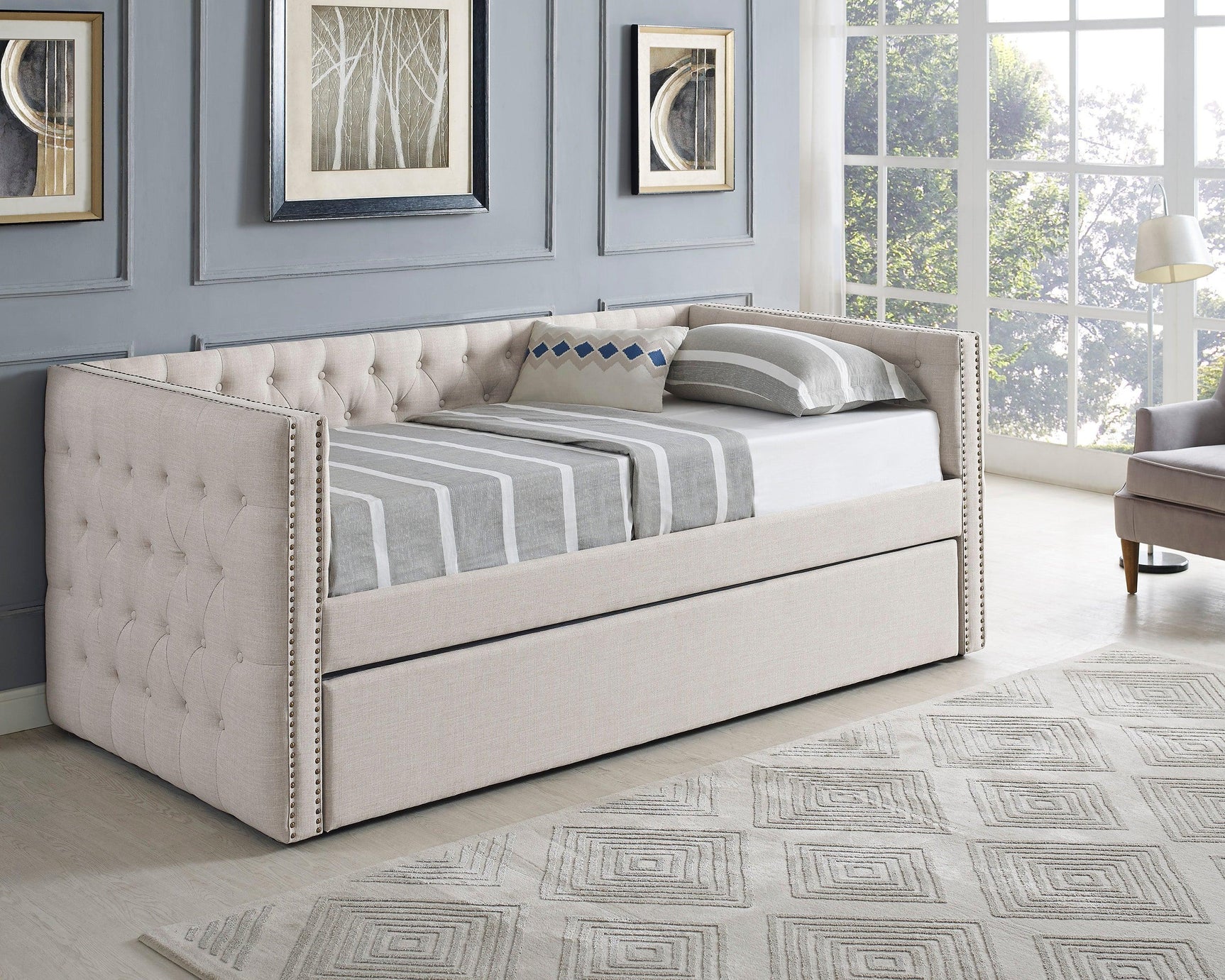 Trina Ivory Chalk Fabric Upholstered Trundle Tufted Twin Daybed - Ella Furniture