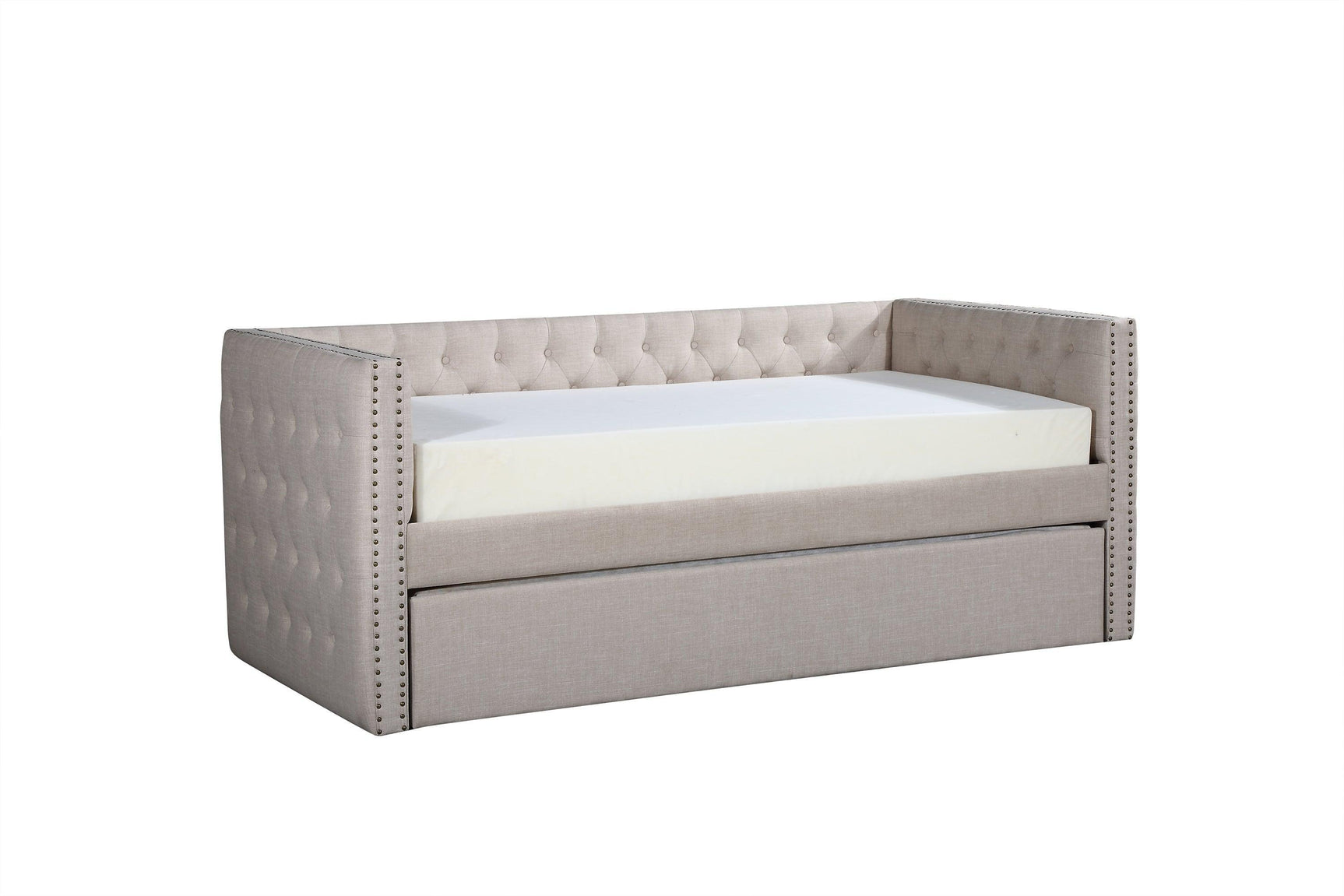Trina Ivory Chalk Fabric Upholstered Trundle Tufted Twin Daybed - Ella Furniture