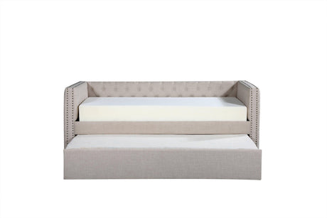 Trina Ivory Chalk Fabric Upholstered Trundle Tufted Twin Daybed - Ella Furniture