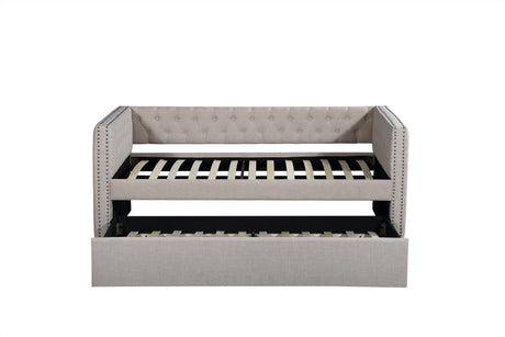 Trina Ivory Chalk Fabric Upholstered Trundle Tufted Twin Daybed - Ella Furniture