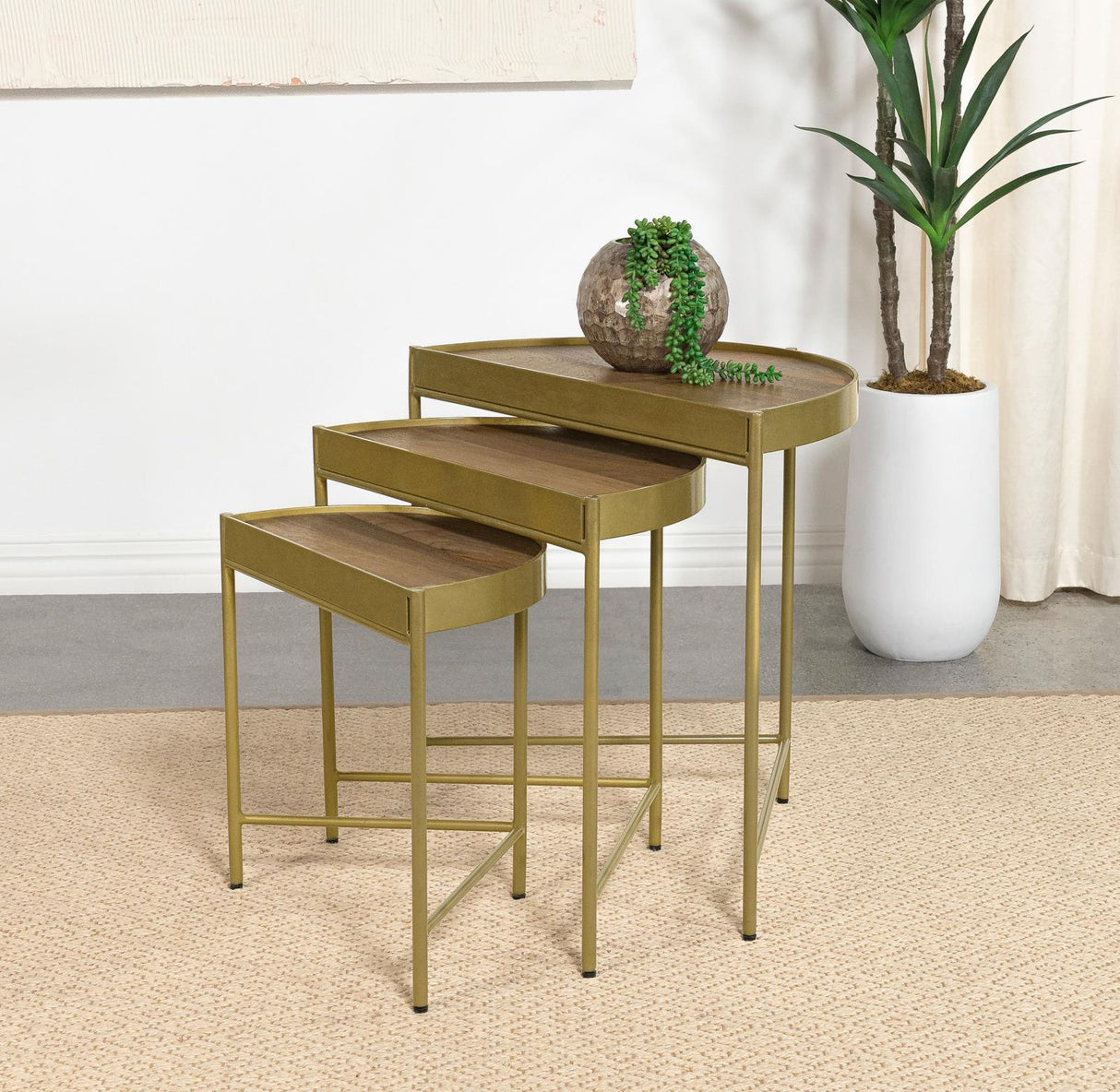 Tristen 3-Piece Demilune Nesting Table With Recessed Top Brown And Gold 936156 - Ella Furniture