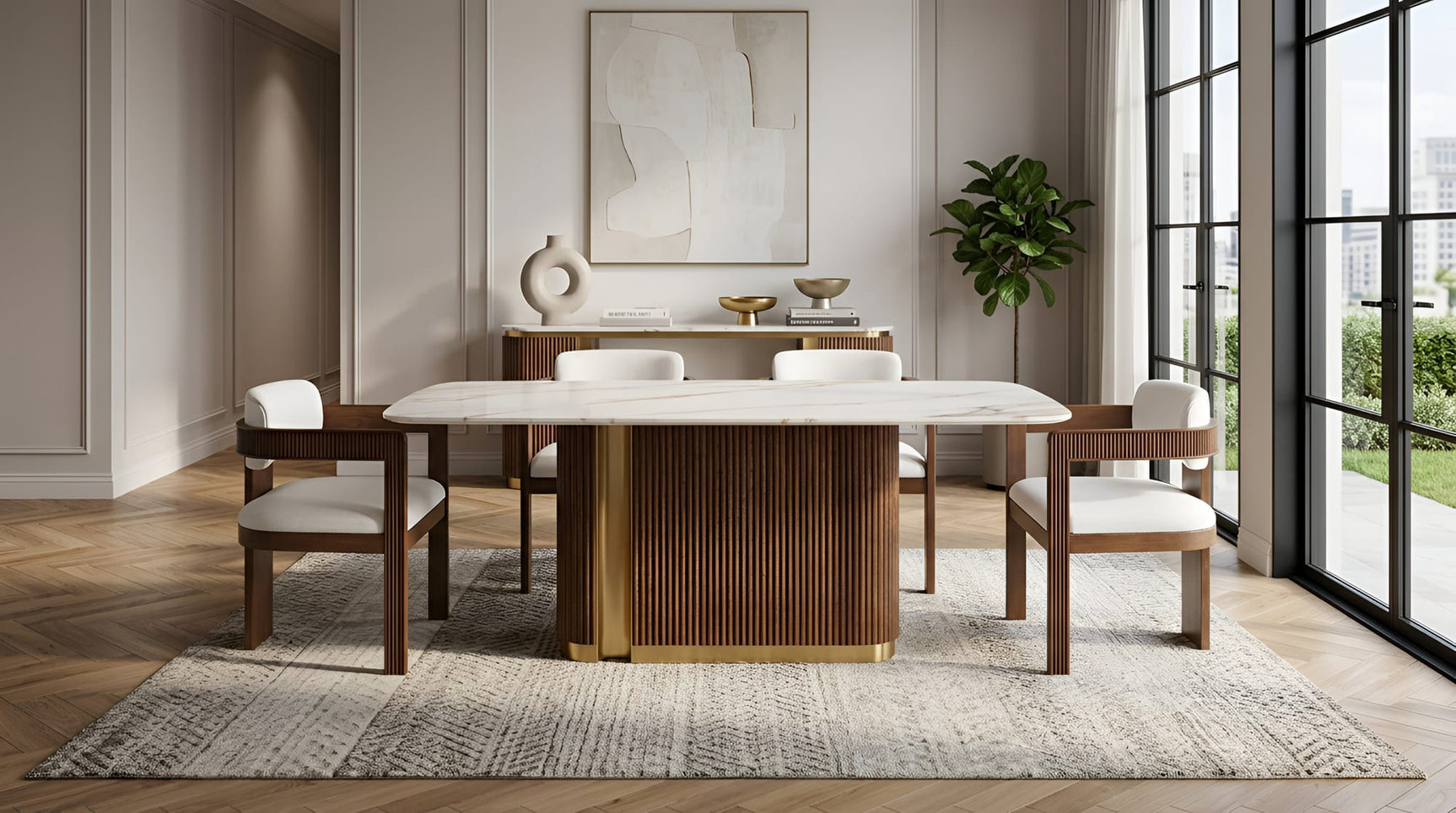 Valente Dining Set in White Sintered Stone and Walnut with Fluted Wood from Ella Furniture