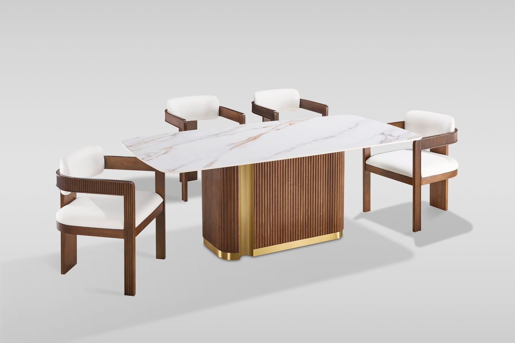 Valente Dining Set in White Sintered Stone and Walnut with Fluted Wood view 2
