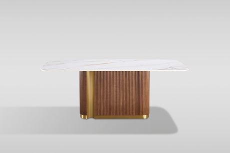 Valente Dining Set in White Sintered Stone and Walnut with Fluted Wood view 7