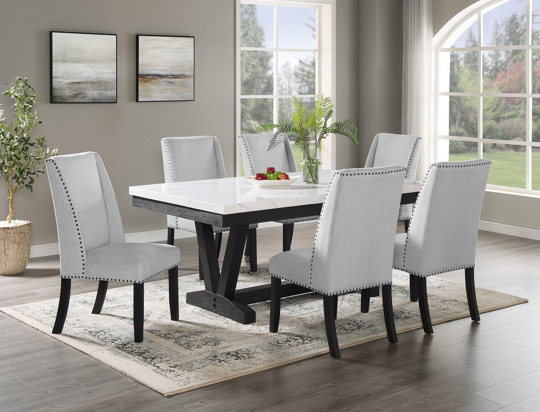 Vance Gray/White Modern Solid Wood Marble Top Fabric Upholstered Tufted Dining Room Set - Ella Furniture