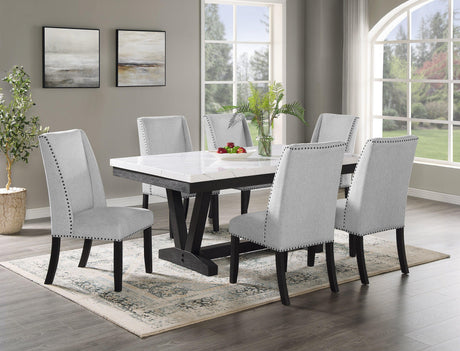 Vance Gray/White Modern Solid Wood Marble Top Fabric Upholstered Tufted Dining Room Set - Ella Furniture