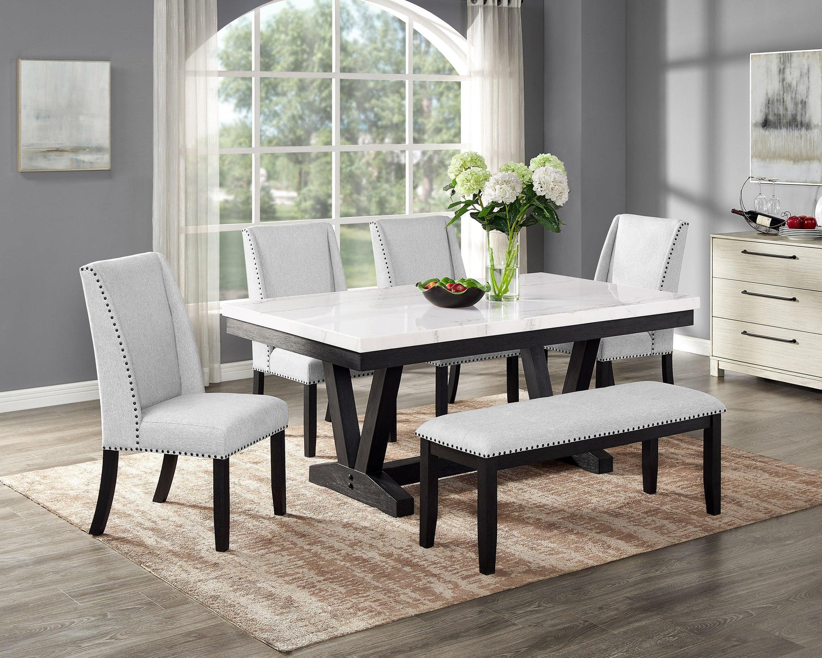 Varley/Vance White Modern Solid Wood Marble Top Fabric Upholstered Dining Room Set - Ella Furniture