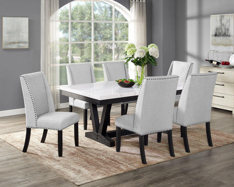 Varley/Vance White Modern Solid Wood Marble Top Fabric Upholstered Dining Room Set - Ella Furniture