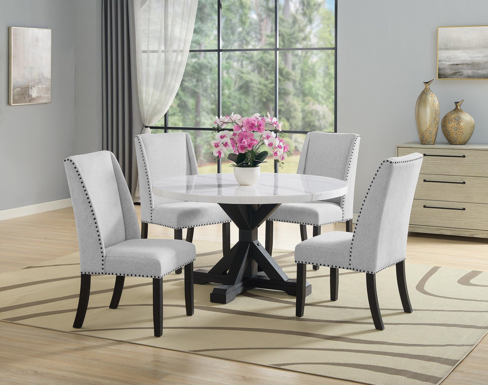 Varley/Vance White Solid Wood Marble Top Fabric Upholstered Round Dining Room Set - Ella Furniture