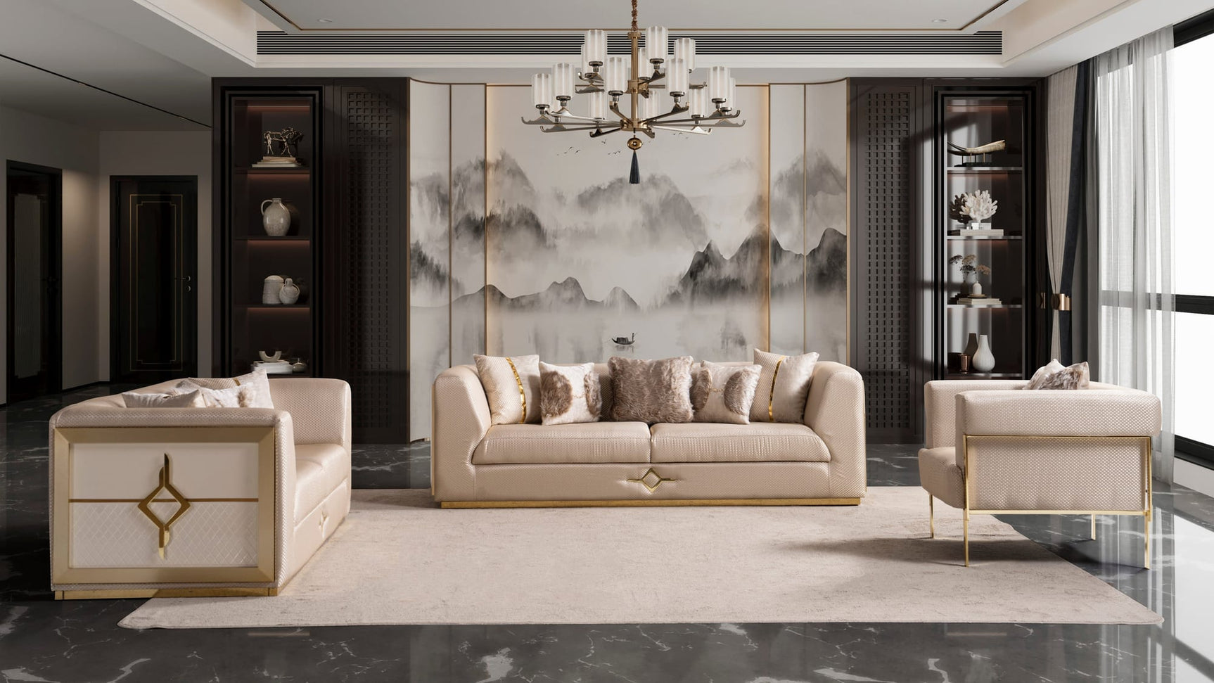Vega Sofa, Loveseat, and Chair Set with Textured Upholstery and Gold Accents from Ella Furniture