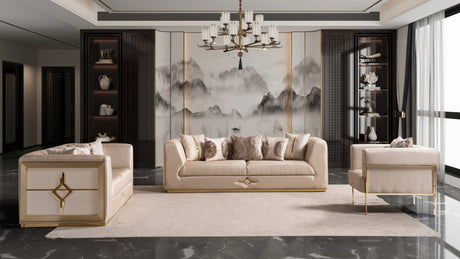 Vega Sofa, Loveseat, and Chair Set with Textured Upholstery and Gold Accents from Ella Furniture