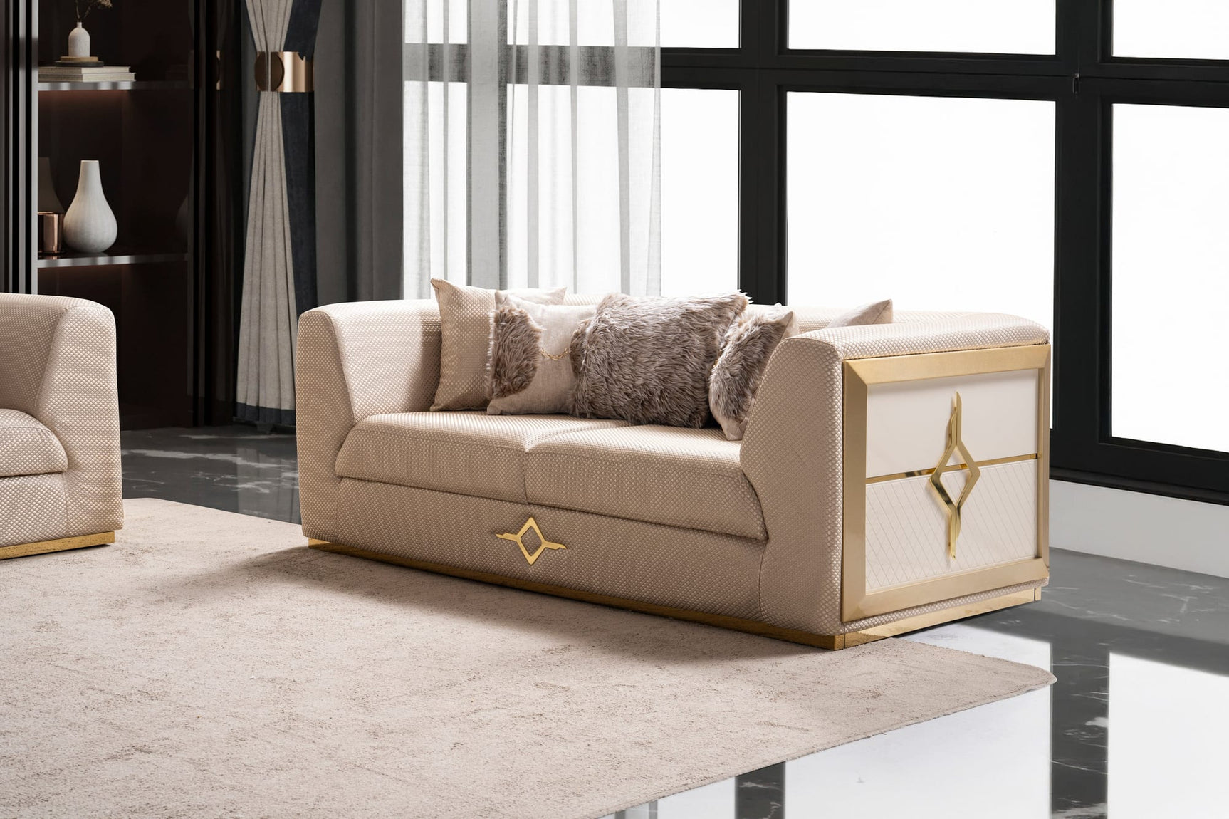 Vega Sofa, Loveseat, and Chair Set with Textured Upholstery and Gold Accents view 16