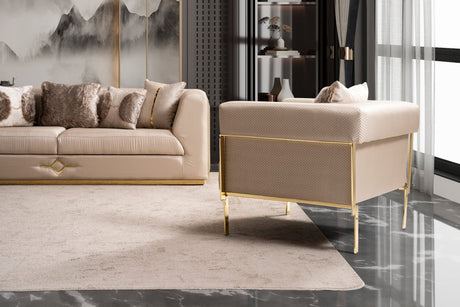Vega Sofa, Loveseat, and Chair Set with Textured Upholstery and Gold Accents view 27