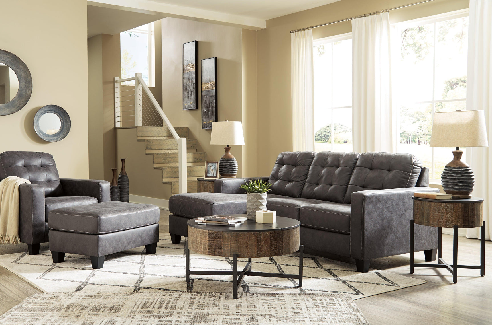 Venaldi Gunmetal Sofa Chaise, Chair, And Ottoman - Ella Furniture