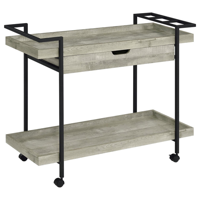 Ventura 2-Tier Bar Cart With Storage Drawer Grey Driftwood 181005 - Ella Furniture