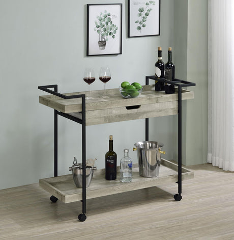 Ventura 2-Tier Bar Cart With Storage Drawer Grey Driftwood 181005 - Ella Furniture