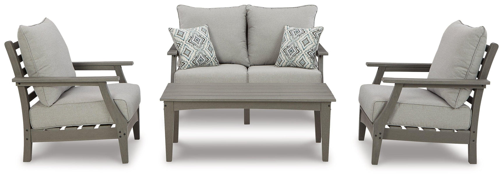 Visola Gray Outdoor Loveseat And 2 Chairs With Coffee Table - Ella Furniture