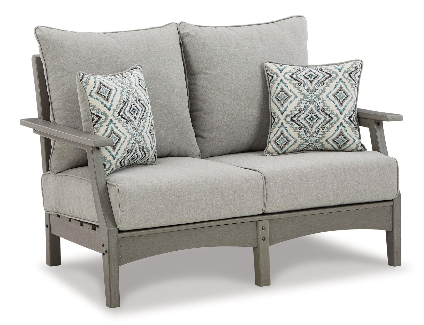 Visola Gray Outdoor Loveseat And 2 Chairs With Coffee Table - Ella Furniture