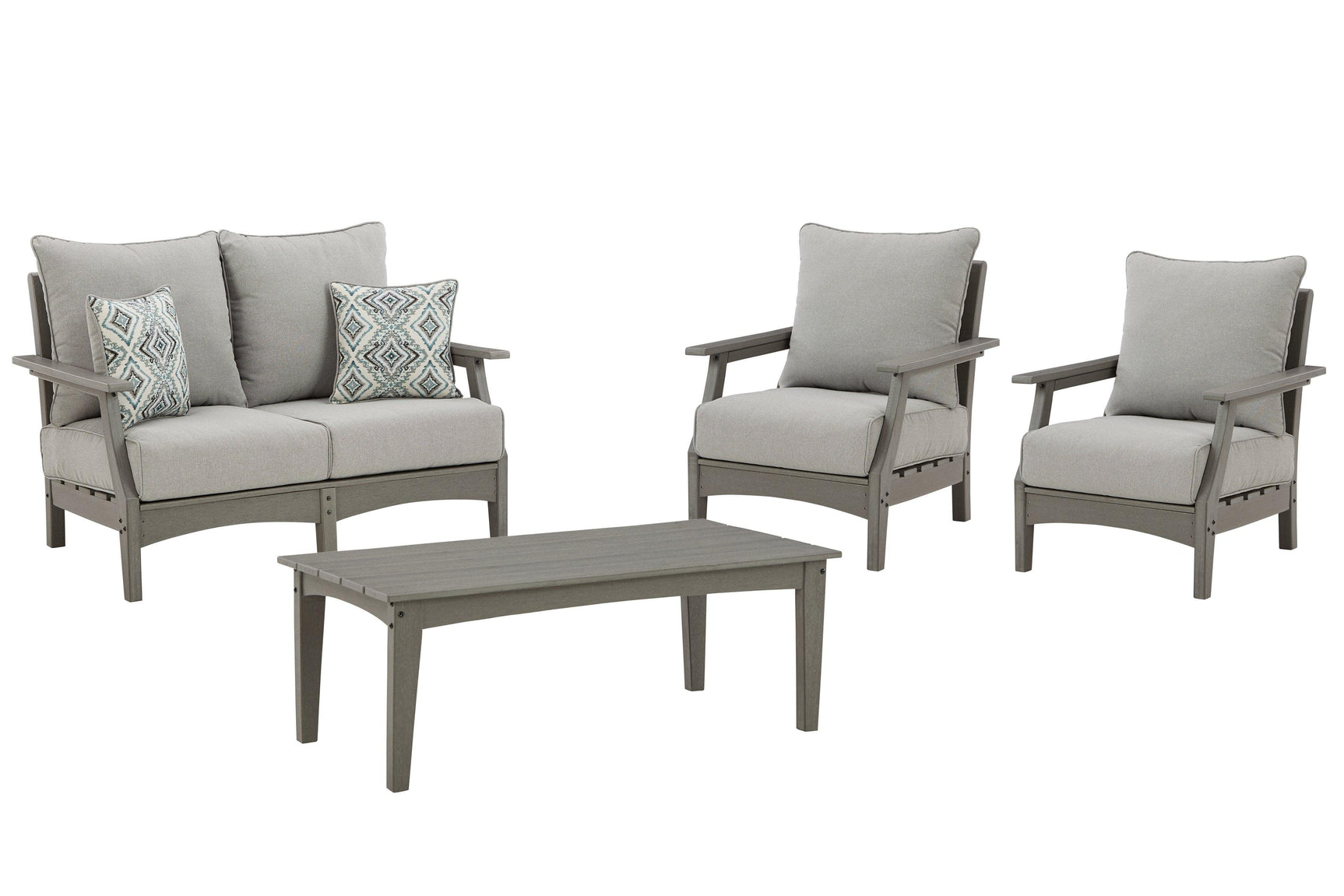 Visola Gray Outdoor Loveseat And 2 Lounge Chairs With Coffee Table - Ella Furniture
