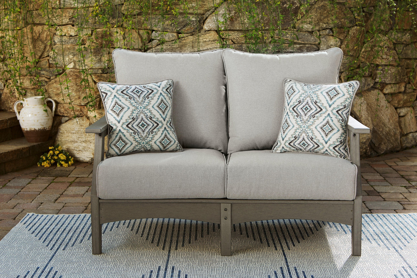 Visola Gray Outdoor Loveseat With Coffee Table - Ella Furniture