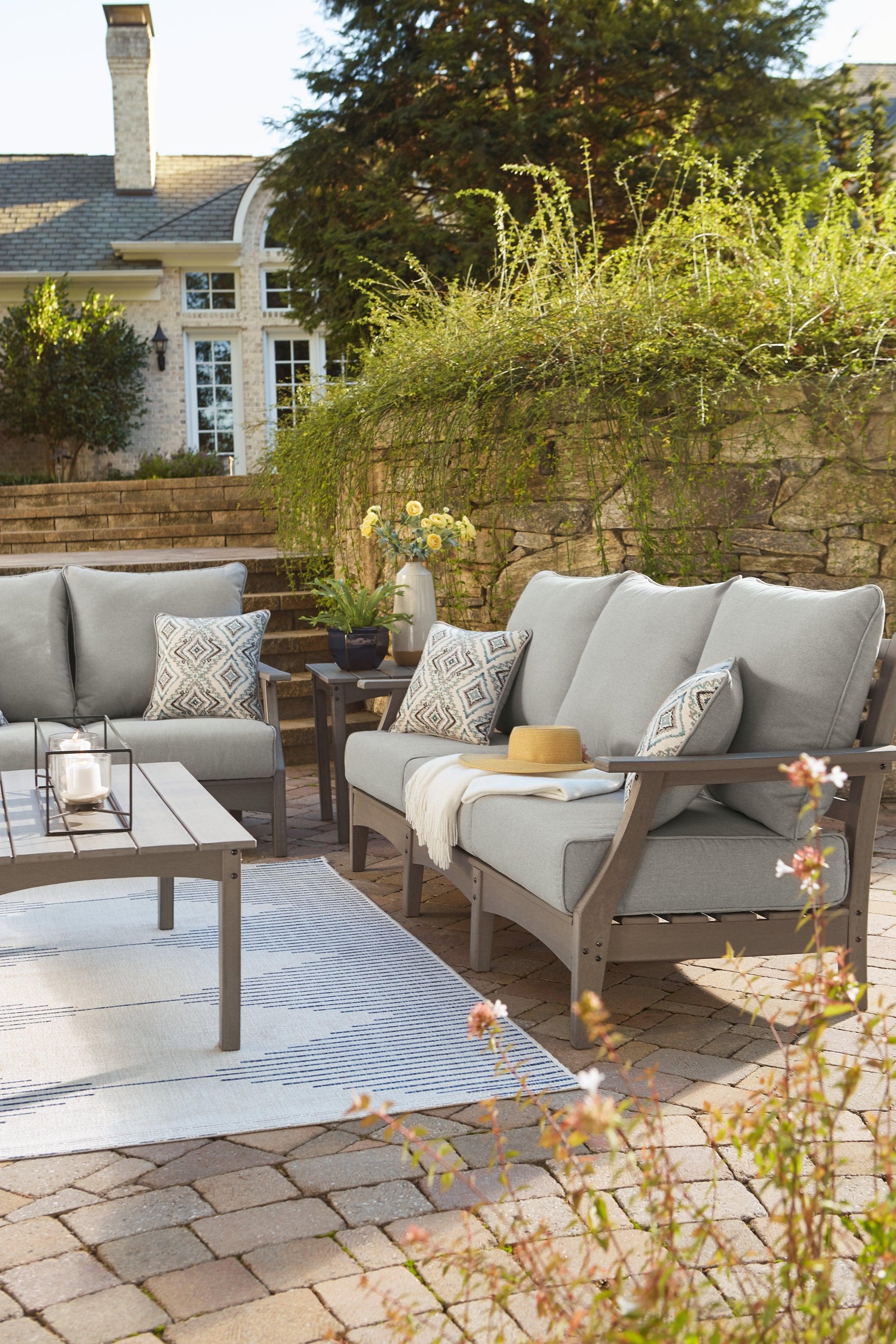 Visola Gray Outdoor Sofa And Loveseat With Coffee Table - Ella Furniture