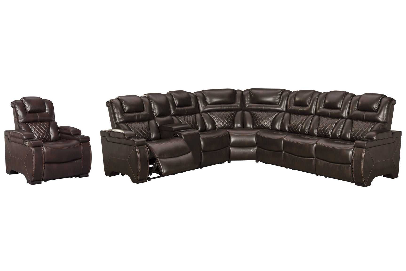 Warnerton Chocolate 3-Piece Sectional With Recliner - Ella Furniture