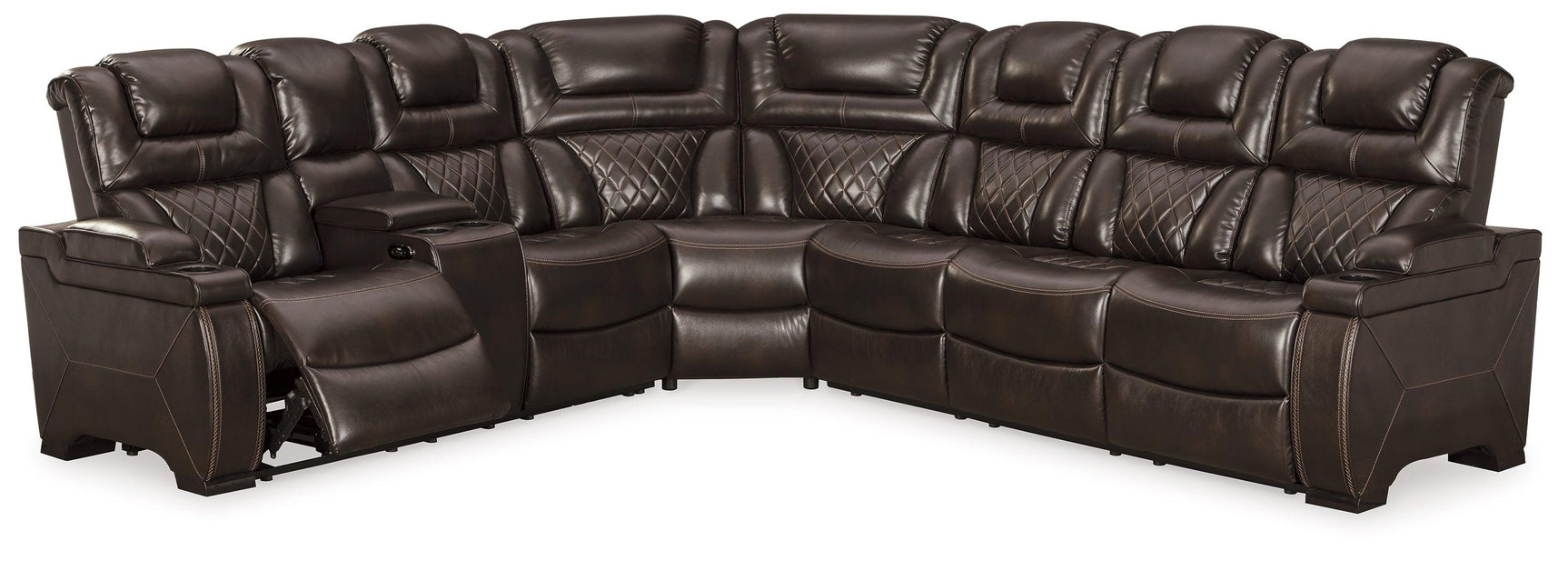 Warnerton Chocolate 3-Piece Sectional With Recliner - Ella Furniture