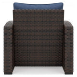 Windglow Blue/brown Outdoor Loveseat And 2 Chairs With Coffee Table - Ella Furniture