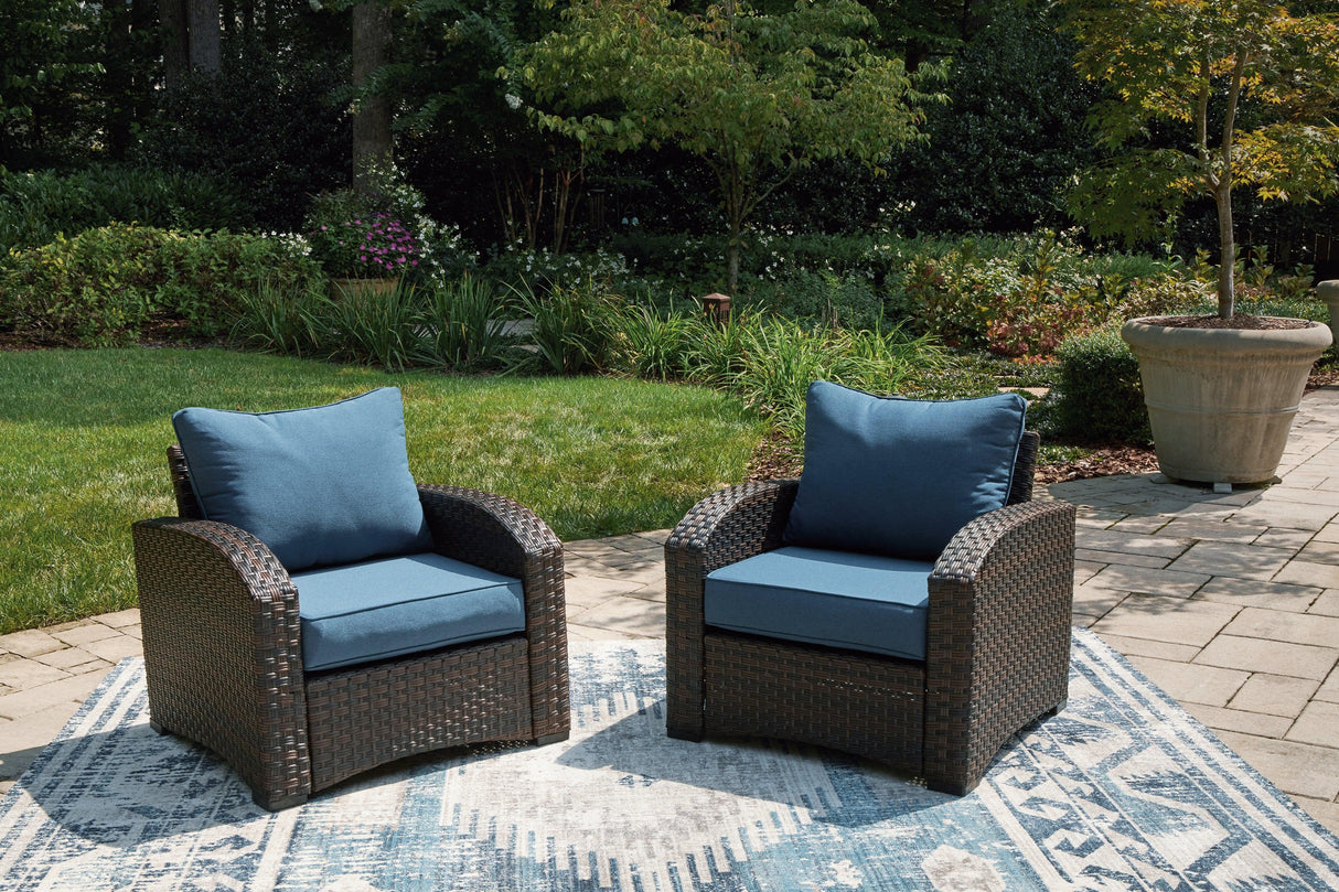 Windglow Blue/brown Outdoor Loveseat And 2 Chairs With Coffee Table - Ella Furniture
