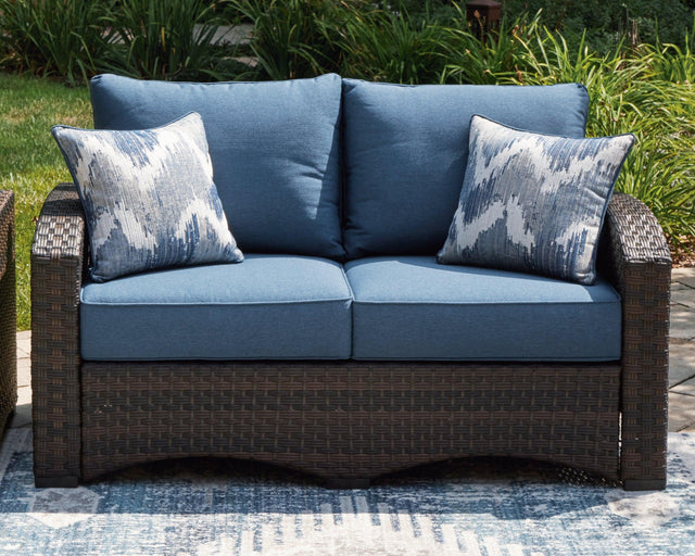 Windglow Blue/brown Outdoor Loveseat With Cushion - Ella Furniture