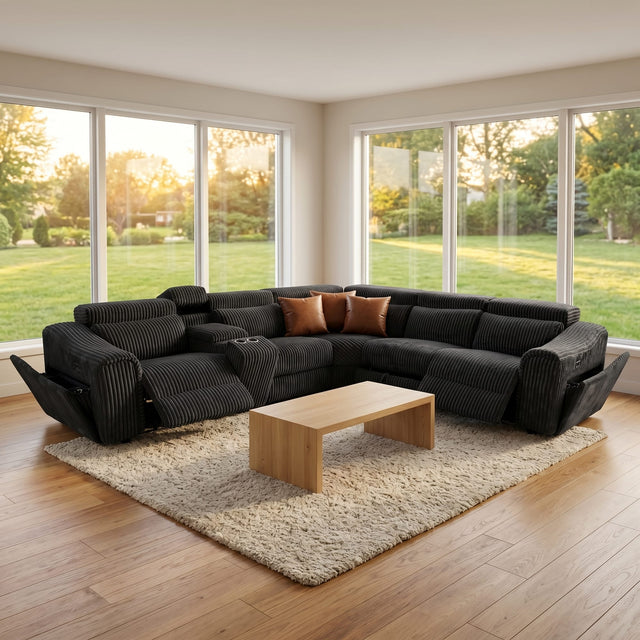 Yash Black Corduroy Reclining 6-Piece Sectional Sofa from Ella Furniture