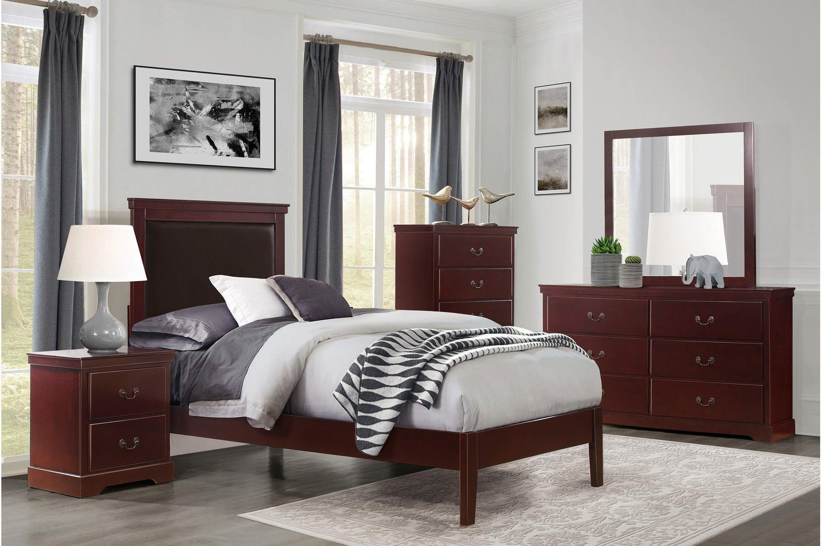 Seabright Cherry Finish Traditional Faux Leather Upholstered Headboard Youth Youth Bedroom Set - Ella Furniture