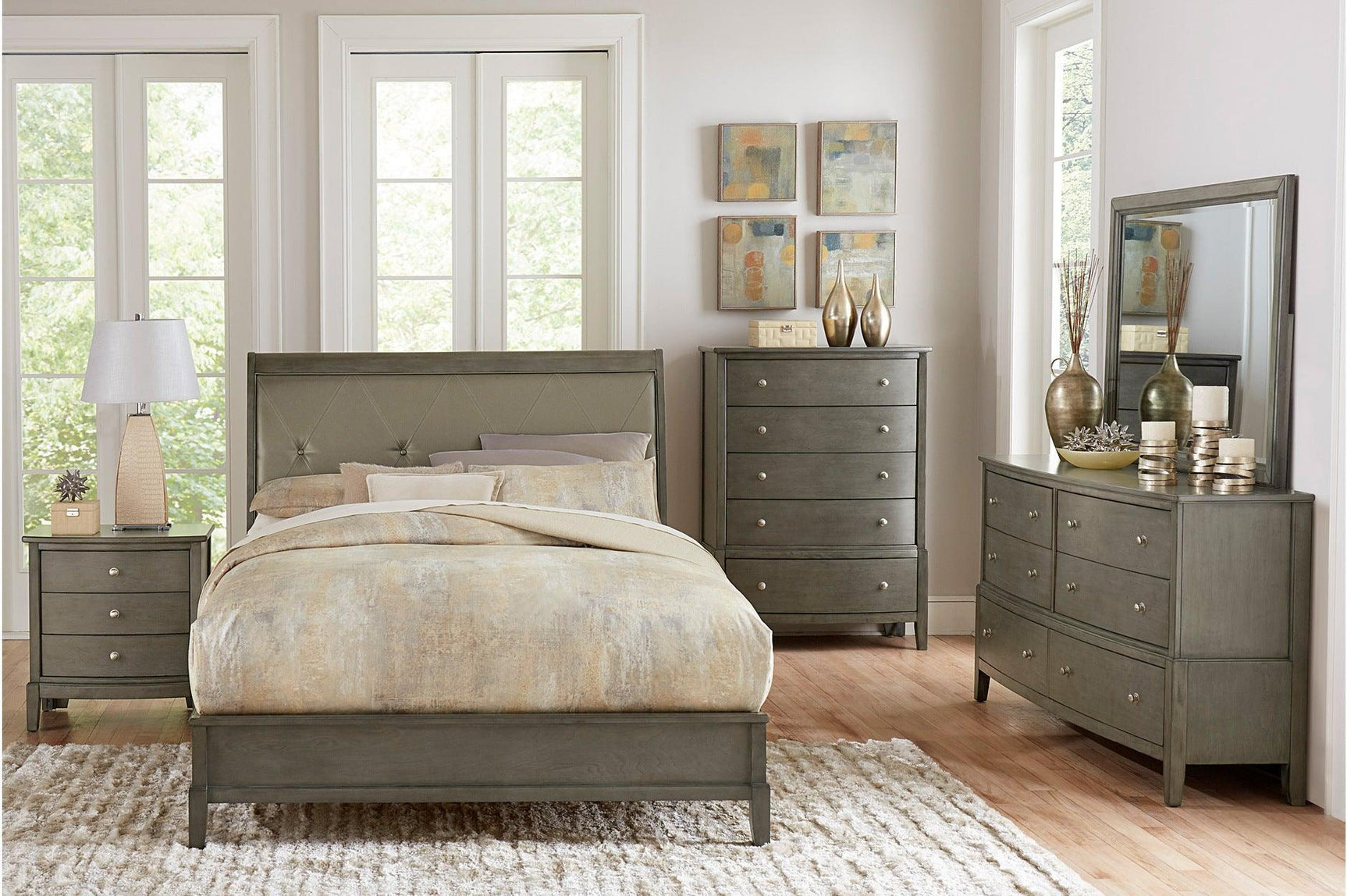 Cotterill Gray Modern Transitional Solid Wood Faux Leather Upholstered Tufted Panel Bedroom Set - Ella Furniture