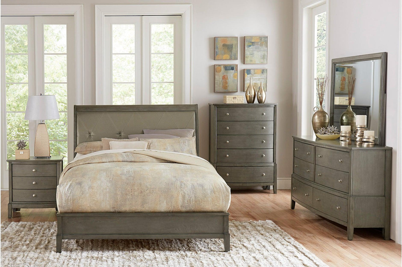 Cotterill Gray Modern Transitional Solid Wood Faux Leather Upholstered Tufted Panel Bedroom Set - Ella Furniture