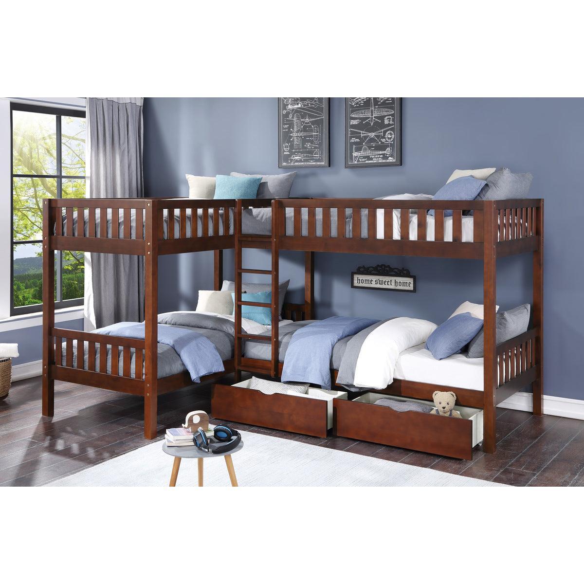 Rowe Dark Cherry Transitional Pine Veneer Wood Engineered Wood Corner Bunk Bed With Storage Boxes - Ella Furniture