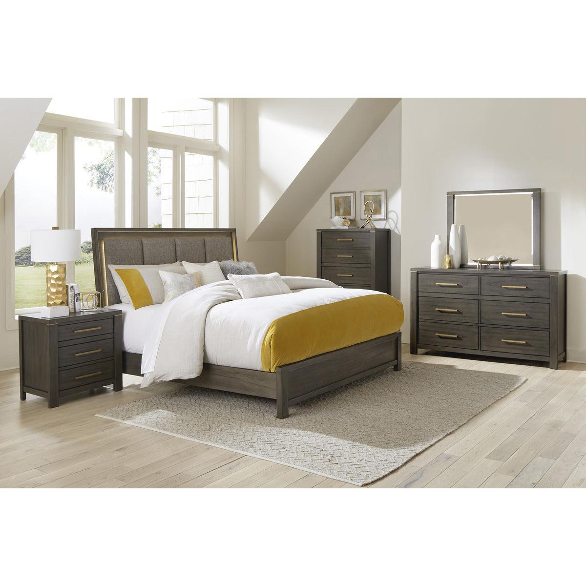 Scarlett Brownish Gray Mindy Veneer Wood And Engineered Wood Fabric Upholstered LED Queen Panel Bed - Ella Furniture