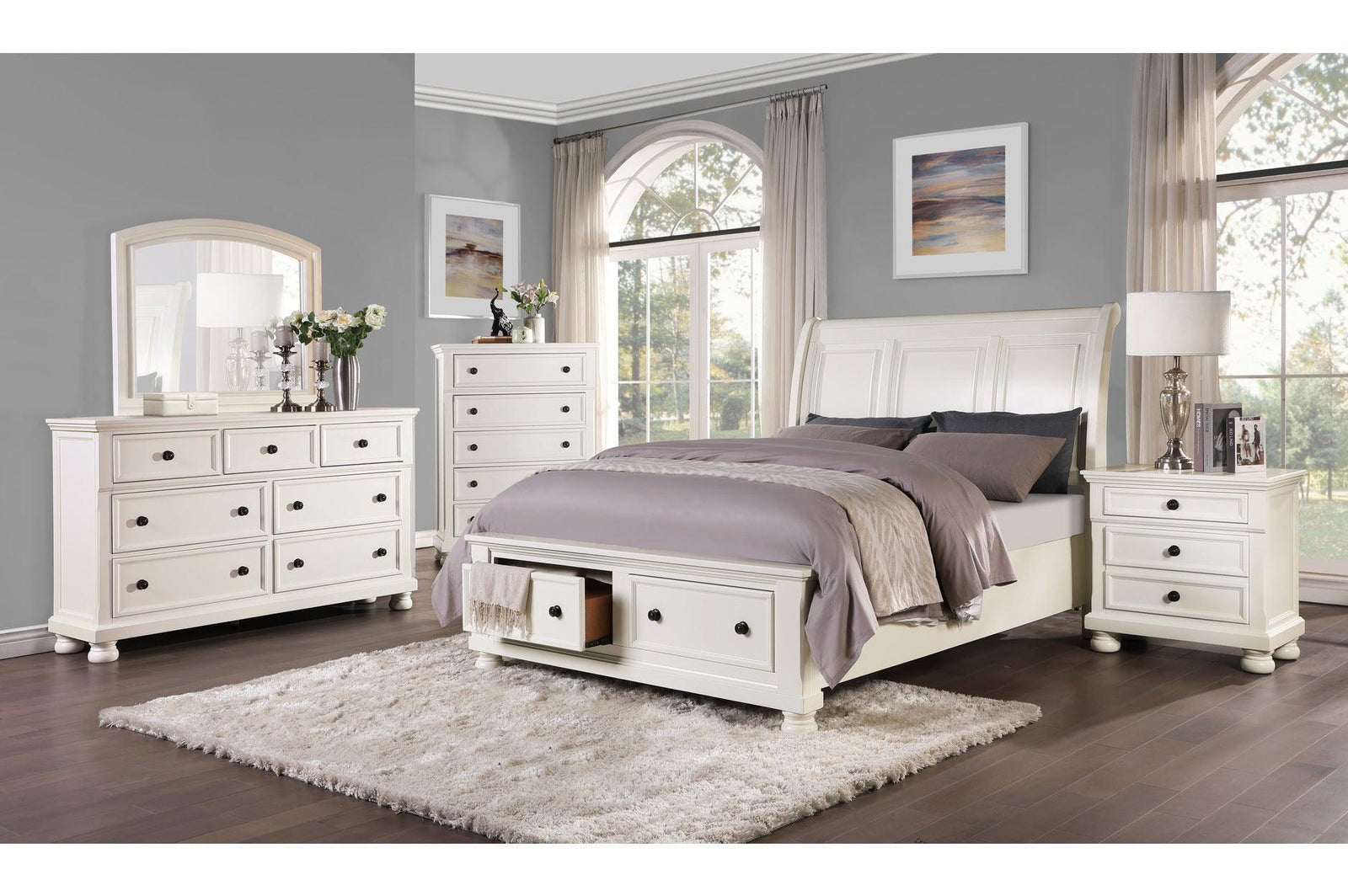 Laurelin White Modern Contemporary Transitional Solid Wood Sleigh Storage Bedroom Set - Ella Furniture