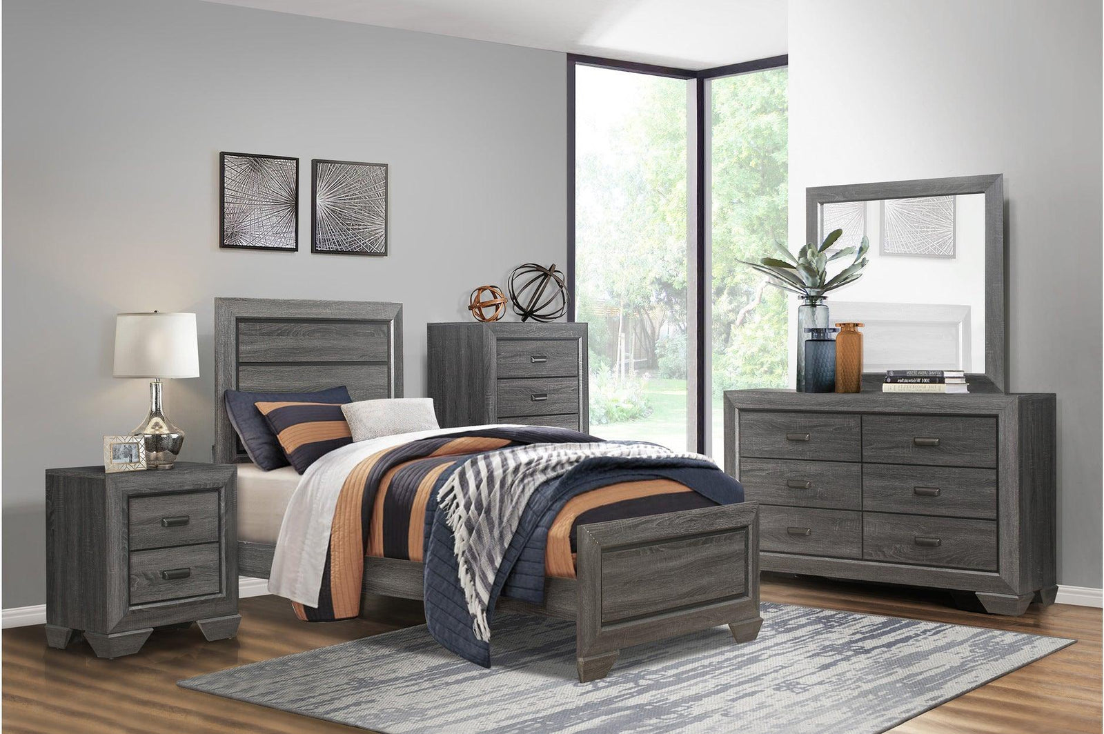 Beechnut Gray Contemporary Faux Wood Veneer, Wood And Engineered Wood Youth Panel Bedroom Set - Ella Furniture