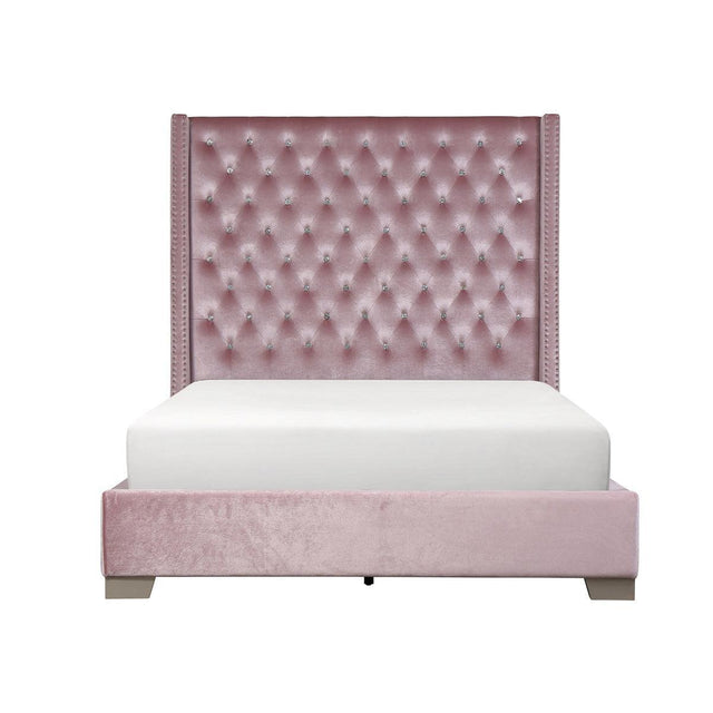Jacklyn Pink Modern Contemporary Solid Wood Faux Leather Upholstered Tufted Queen Panel Bed - Ella Furniture