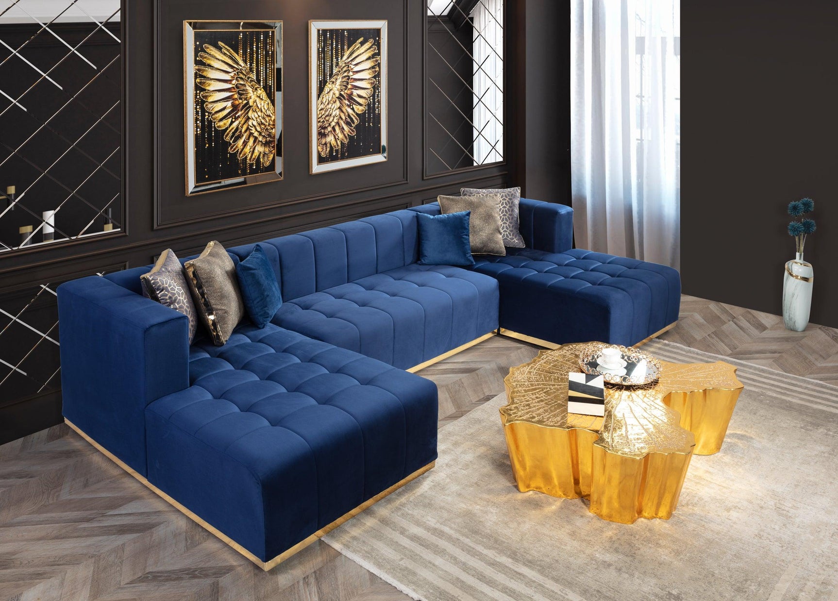 Amelia Navy Velvet Double Chaise Sectional - Ella Furniture