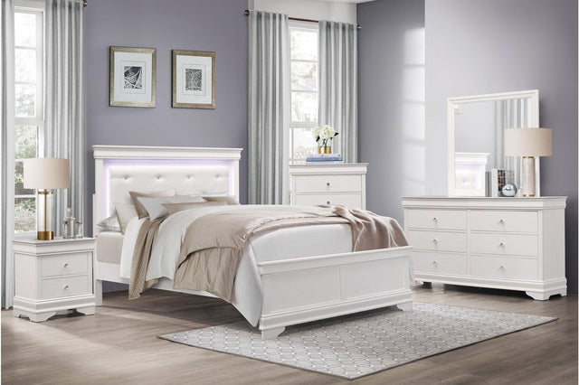 Lana White Modern Contemporary Solid Wood Faux Leather Upholstered Tufted LED Panel Bedroom Set - Ella Furniture