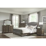 Rachelle Gray Velvet Knotty Pecan Engineered Wood Fabric Upholstery Tufted Queen Sleigh Bed - Ella Furniture