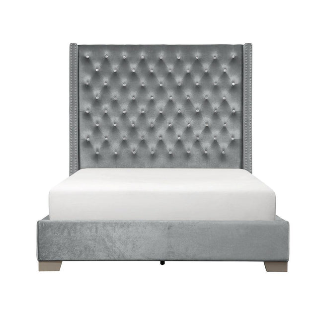 Jacklyn Gray Modern Contemporary Solid Wood Faux Leather Upholstered Tufted King Panel Bed - Ella Furniture