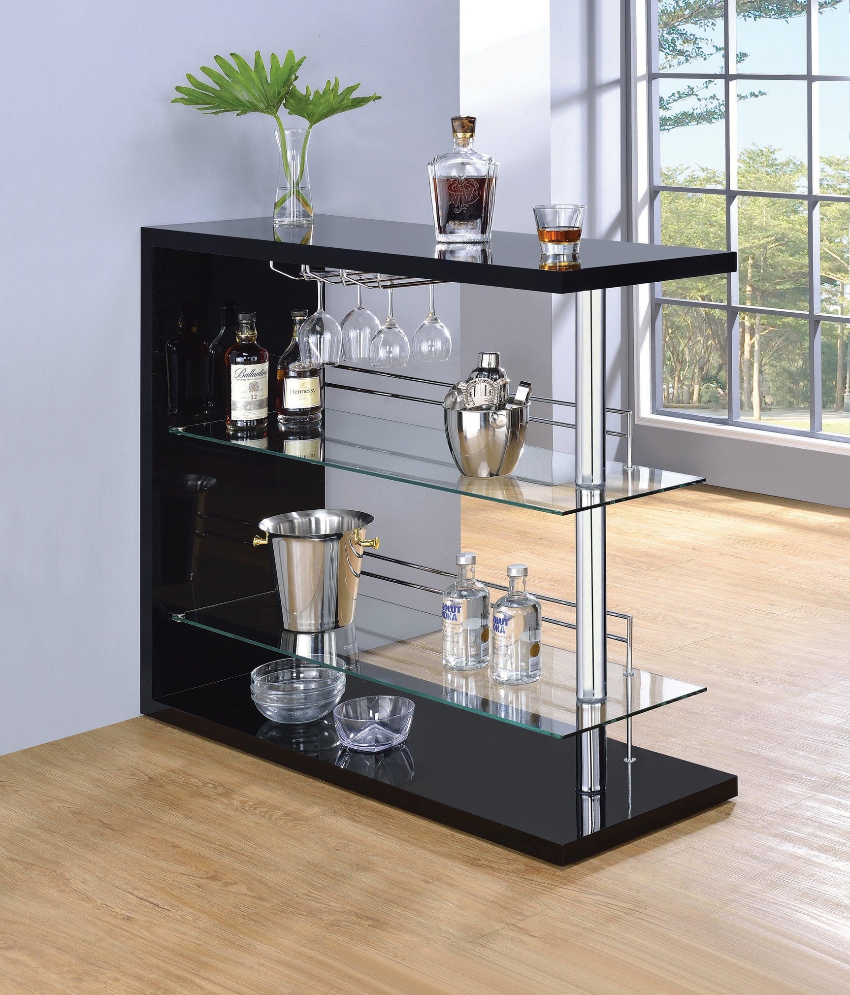 Prescott Rectangular 2-Shelf Bar Unit Glossy Black - Ella Furniture