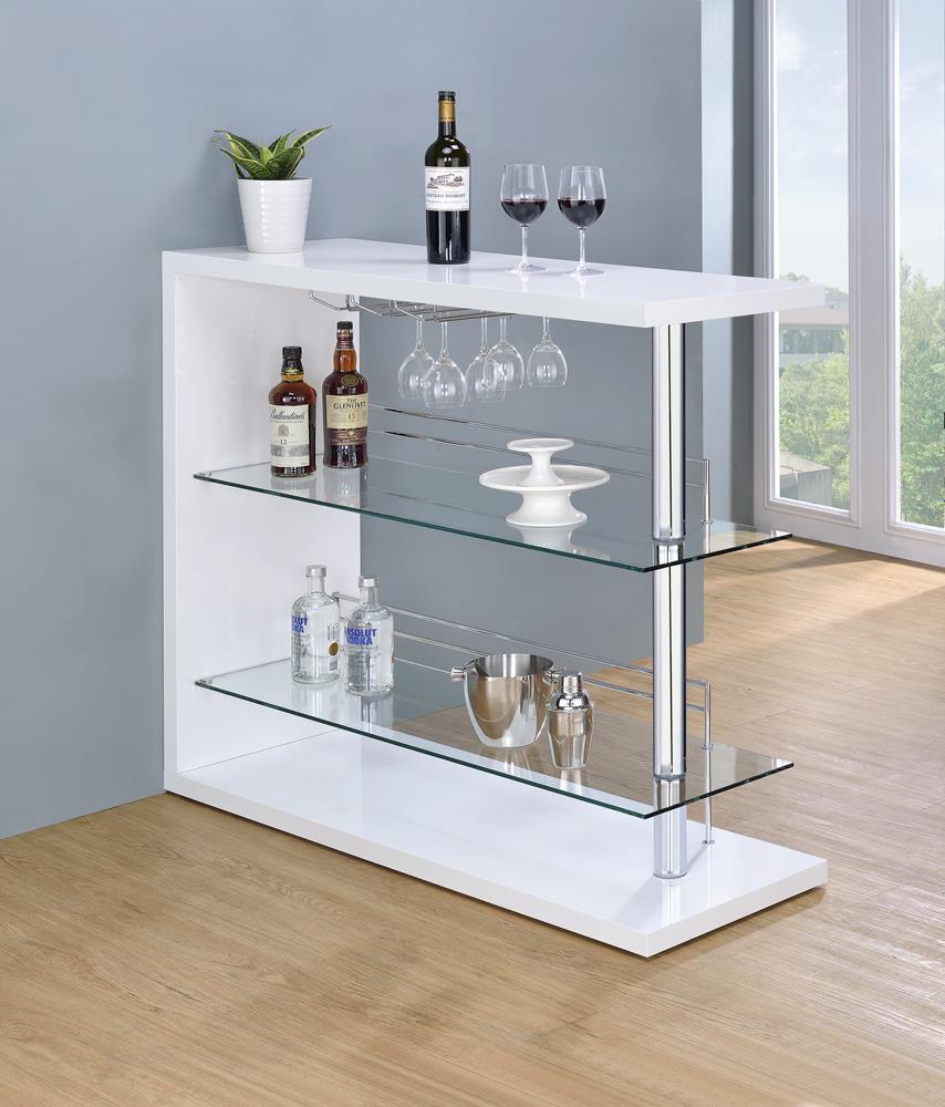 Prescott Rectangular 2-Shelf Bar Unit Glossy White - Ella Furniture