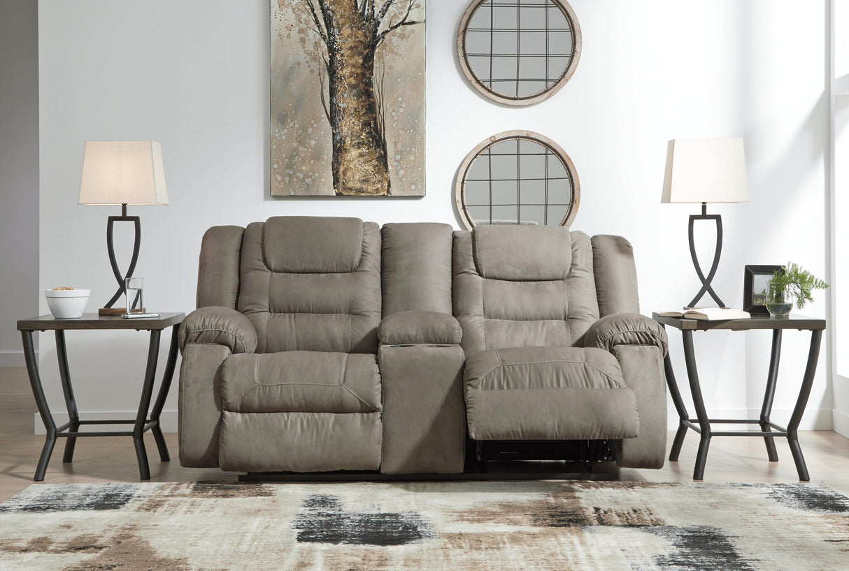 Mccade Cobblestone Microfiber Reclining Loveseat With Console - Ella Furniture