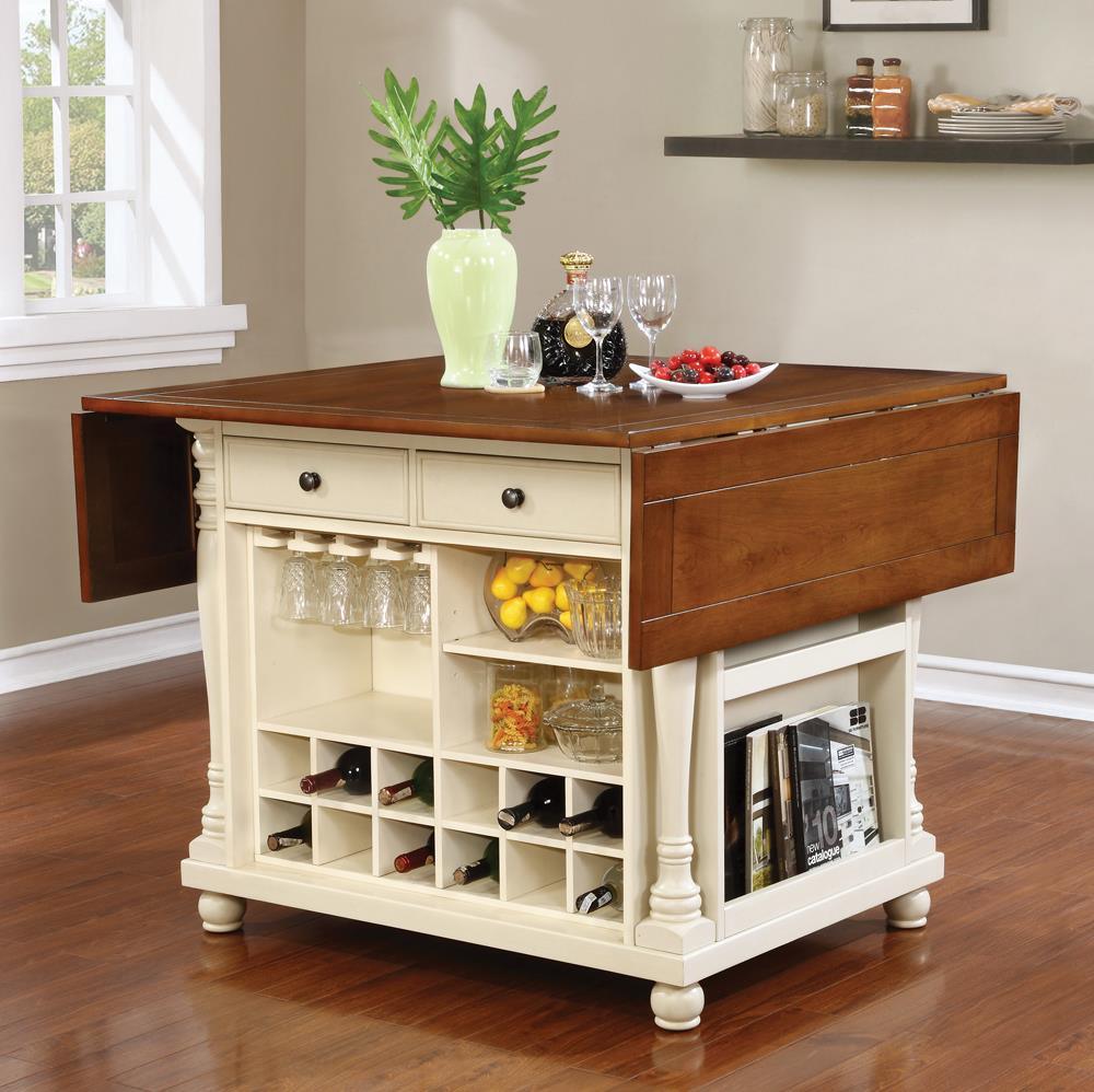 Slater 2-Drawer Kitchen Island With Drop Leaves Brown And Buttermilk - Ella Furniture