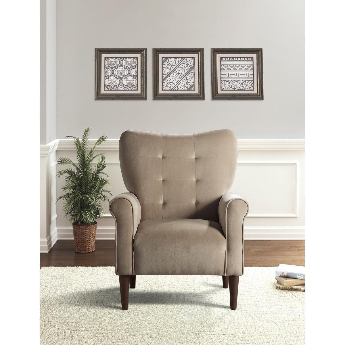 Kyrie Brown Traditional Solid Wood And Plywood Velvet Fabric Upholstered Tufted Accent Chair - Ella Furniture