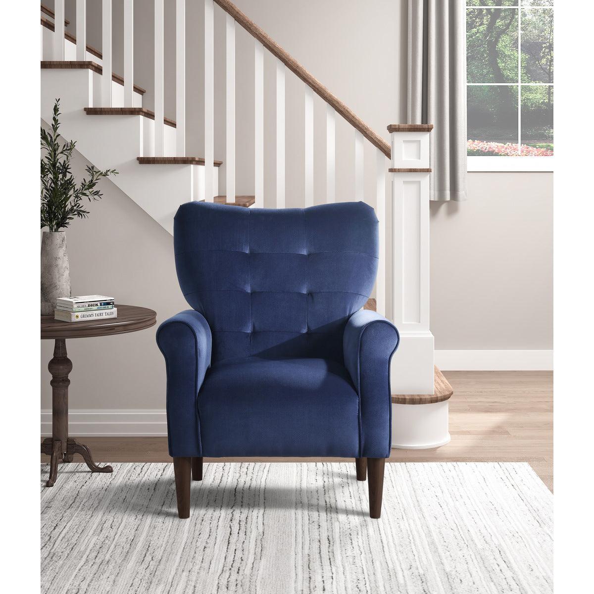 Kyrie Navy Blue Traditional Solid Wood And Plywood Velvet Fabric Upholstered Tufted Accent Chair - Ella Furniture
